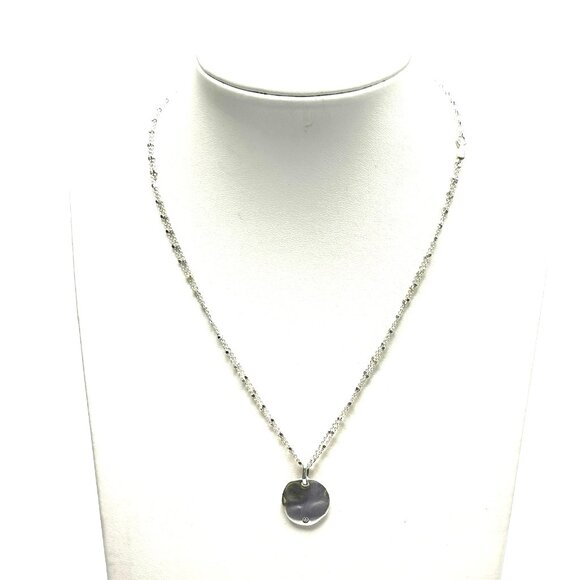 Signed Sterling Silver Hammered Disc Pendant Diamond w/New Italian Double Chain - Picture 5 of 7